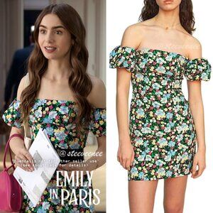 Maje Rapy Floral Off the Shoulder Dress ASO Emily in Paris
